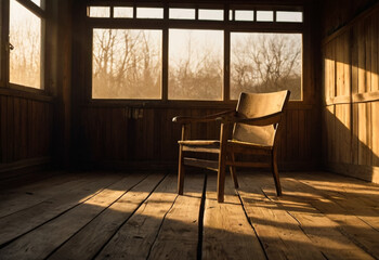 An empty wooden chair facing a wide open window with golden light streaming in, dust particles visible in the air, a single shadow on the floor &mdash; desaturated warm palette