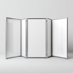 A four-panel, silver-framed, freestanding display with blank white panels, ideal for presentations or exhibitions
