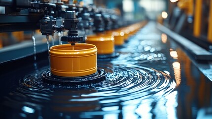 Industrial water treatment process featuring circular containers in motion with rippling water surface