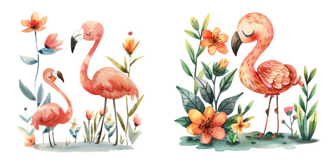 cute flamingo with flowers watercolor vector illustration © Dar