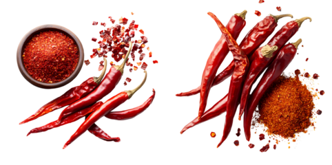 Fresh and dried red chili peppers with chili flakes and powder on transparent background, vibrant colors, high contrast, culinary spice theme