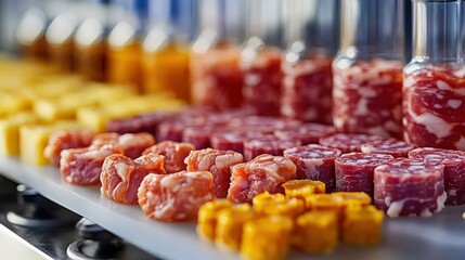 Colorful arrangement of meat and vegetable cubes in a culinary display