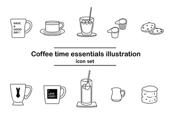 カフェタイムの手描き風アイコンセット｜コーヒー・スコーン・クッキー・マグカップ