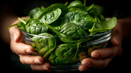Fototapeta premium Fresh spinach leaves in glass bowl, held gently with care