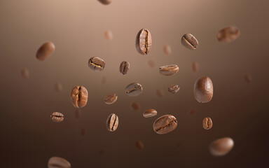 Roasted coffee beans levitate with dark background. Coffee beans flying and falling use for background. Close up image.
