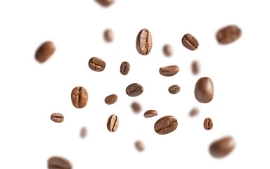 Coffee beans levitate. Roasted coffee beans flying on white background with clipping path. Close up image.