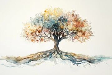 A vibrant watercolor painting of a tree with exposed roots, showcasing colorful leaves and artistic detail.