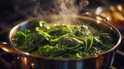 Fresh spinach being boiled in pot on stove, creating delightful aroma