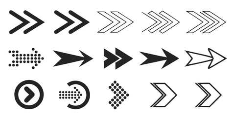 Modern Arrow Icon Set – 60 Black Vector Arrows in Solid, Dotted, Outlined & Pixel Styles for UI & Graphics
