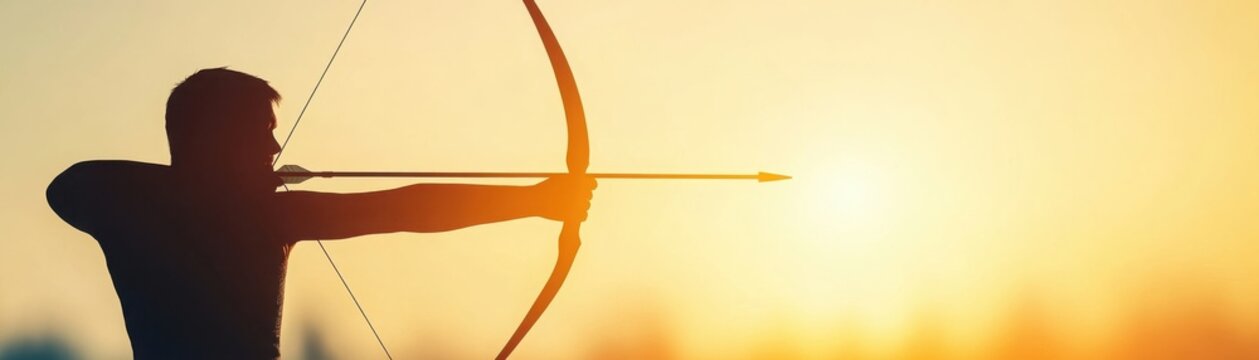 A person aiming a bow and arrow at sunset, silhouetted against the glowing sky.