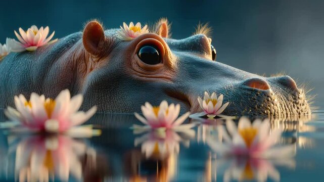 Calm hippo resting in water with reflection, surrounded by pink lotus flowers and aquatic animals creating peaceful serene atmosphere