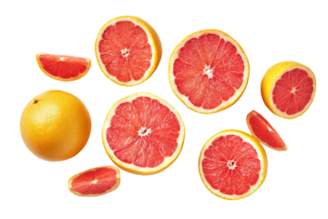 Glossy grapefruit segments scattered isolated ideal for cocktail-mixer labels