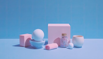 Pastel-hued geometric shapes and small objects arranged on a light blue surface against a matching backdrop, cast in soft light