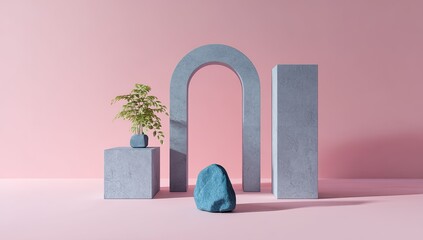 Minimalist scene with grey concrete arch, rectangular prism, cube, teal rock, and small potted plant against a pale pink background, bathed in soft light