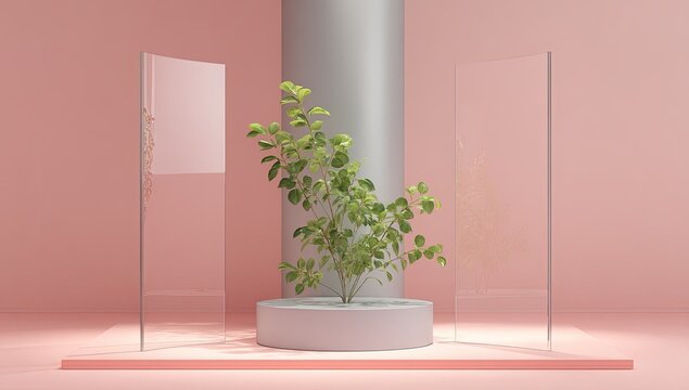 Minimalist digital rendering of a small potted plant centered between two translucent glass panels on a pale pink platform, against a similarly colored backdrop and a silver column