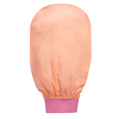 Orange and pink body exfoliation scrub mitt on white background