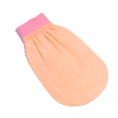Orange and pink body exfoliation scrub mitt on white background