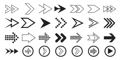Modern Arrow Icon Set – 60 Black Vector Arrows in Solid, Dotted, Outlined & Pixel Styles for UI & Graphics