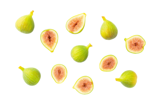 Bright fig clusters paired with leaves, isolated on transparent background, ideal for holiday cheese-platter visuals and diet-blog headers
