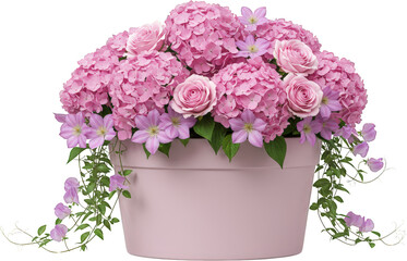 Fototapeta premium Stunning Pink Hydrangea Rose Clematis Flower Arrangement in a Pastel Pink Pot