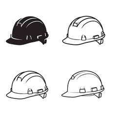 Fototapeta premium Collection of four black and white safety helmets silhouettes suitable for construction and industrial themes