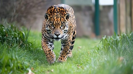 A jaguar walking on grass with a blurred background.