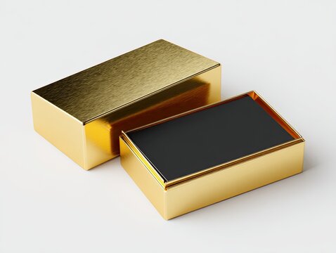 A slightly-opened gold rectangular box with a black interior, set against a plain white background.  The box appears metallic and luxurious