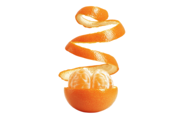 Bright mandarin orange spiral peel isolated on transparent background, perfect for vitamin C packaging and recipe cards