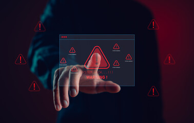 System hack warning concept showing a hand interacting with a virtual screen filled with red danger...