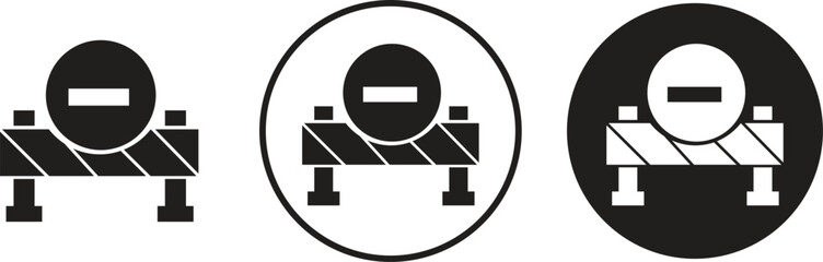 Barrier stop signs flat icons set. Block obstacle stripped fence with road signs. Under construction highway restricted symbols. Travel prohibited pictogram. Forbidden way on transparent background.