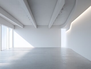 Obraz premium Minimalist white interior with high ceilings, large windows, concrete floor, and subtle curve in a wall with integrated lighting