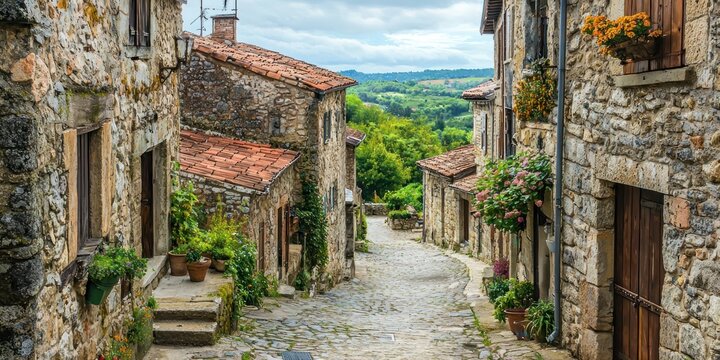 Fototapeta A charming European village with winding cobblestone streets and historic stone houses