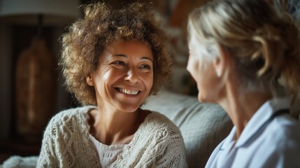 Compassionate nurse making a home visit to a senior Hispanic woman in a cozy living room with natural lighting and minimalist decor