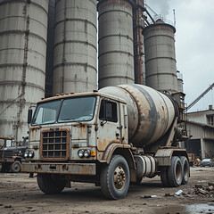 Obraz premium Old Concrete Mixer Truck at Construction Site Under Overcast Sky