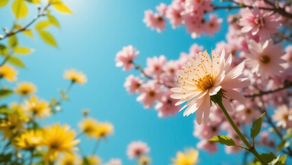 Vibrant Spring Blossoms Pink and Yellow Flowers against a Sunny Sky