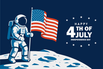 Independence Day USA - 4th of July - Astronaut planting the American flag on the Moon, symbolizing patriotism and space exploration. Happy Independence Day text. Vector Illustration. © barokzidane