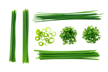 Neat chive baton grid flat-lay softly lit, isolated on transparent background, great for calorie trackers and recipe-card designs