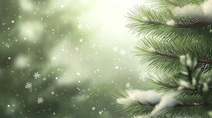 Obraz premium Winter's Embrace: A serene winter scene, featuring a frosted pine tree branch with falling snowflakes and soft green light.
