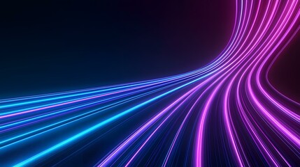 The image shows a dark background with vibrant blue and purple glowing lines curving and converging towards a vanishing point.A medium description sentence:  Dynamic, neon-colored streaks of light cu