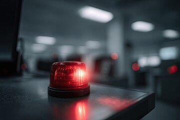 A red flashing emergency light sits on a metallic surface in a blurred industrial setting, indicating an alert or warning