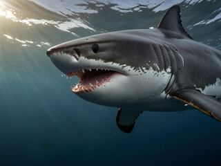 Fototapeta premium A great white shark swimming in the ocean
