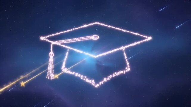 Graduation cap constellation in animated night sky