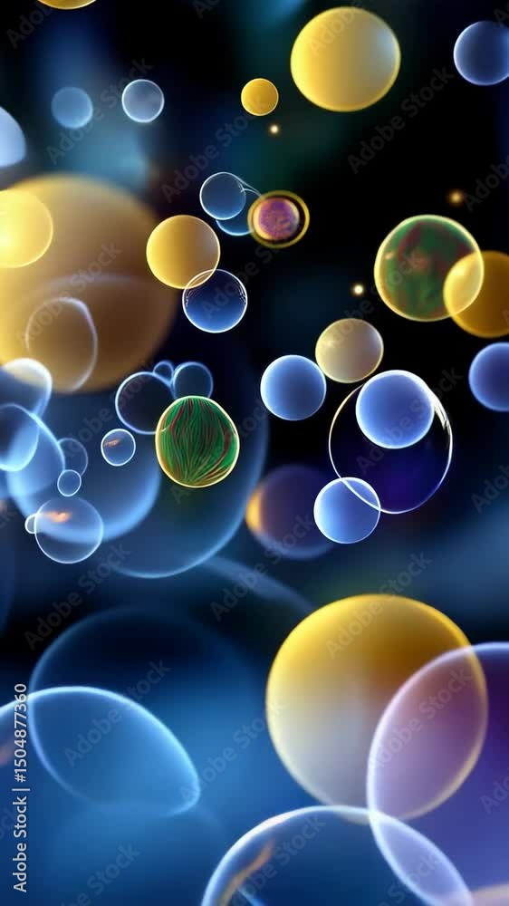 Poster abstract background with glowing spheres and orbs, illuminated particles and dynamic bokeh elements 