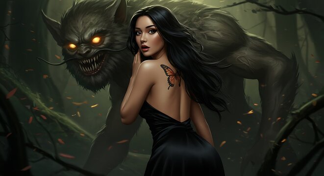 fantasy beautiful naughty sensual woman with butterfly tattoo catch by monster sreaming scene