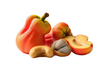 Neat cashew apple rows spaced evenly flat-lay, isolated on transparent background, great for farmers-market flyers and cocktail garnish guides