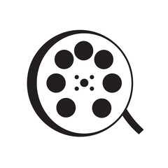 Simple black and white silhouette icon depicting a film reel for cinema entertainment and media design