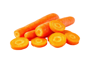 Glossy baby carrots scattered flat-lay under soft studio light, isolated on transparent background, perfect for snack-pack branding and kids’ menus