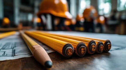 Close up view of yellow pencils and technical drawings on table in construction environment