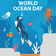 illustration vector graphic of a diver is at the bottom of the sea with marine life, perfect for international day, world ocean day, celebrate, greeting card, etc.