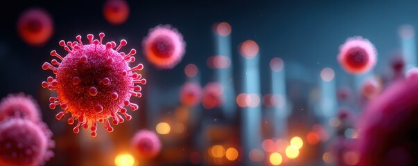 Obraz premium Close-up digital illustration of viruses floating in the air with an industrial background and bokeh lights.